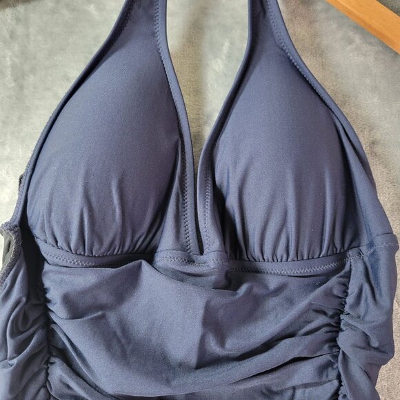 J.Crew Womens 8 Navy Halter‎ One Piece Swimsuit Ruched Front Style B6757 Made in - Picture 3 of 9